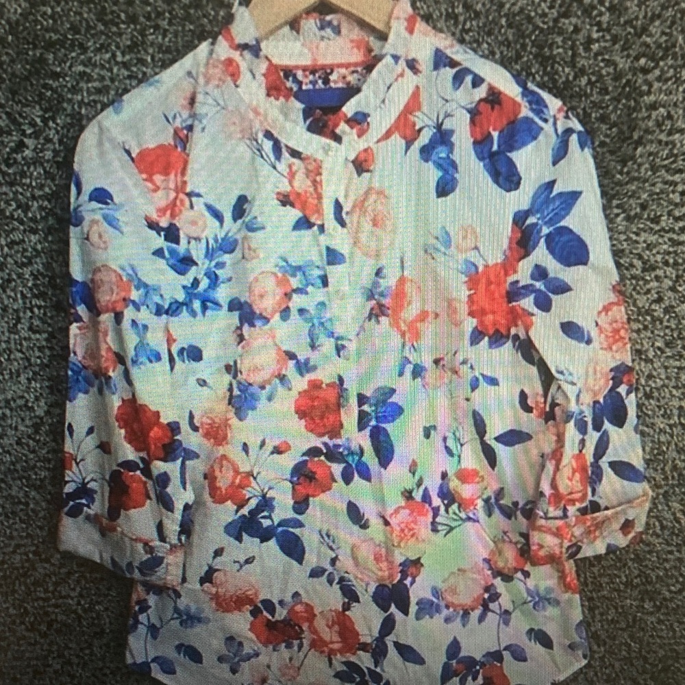 Men's Floral Casual Button-Down Shirt in White with Red & Blue Flowers